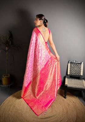 pink color kanjivaram silk blend zari woven saree with blouse 4