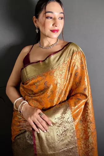 mustard color kanjivaram silk blend zari woven saree with blouse