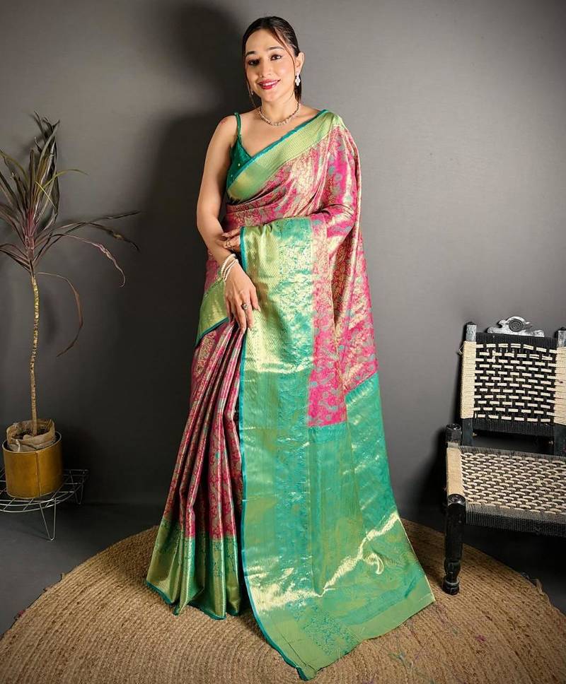 rani pink color kanjivaram silk blend zari woven saree with blouse