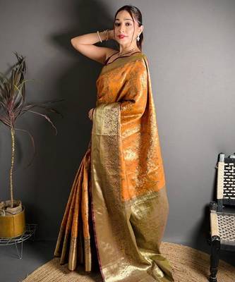 mustard color kanjivaram silk blend zari woven saree with blouse 4