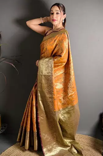 mustard color kanjivaram silk blend zari woven saree with blouse