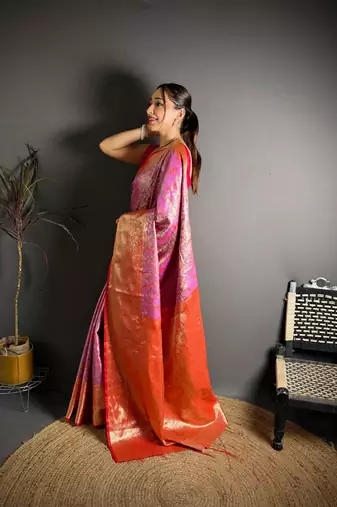 peach color kanjivaram silk blend zari woven saree with blouse