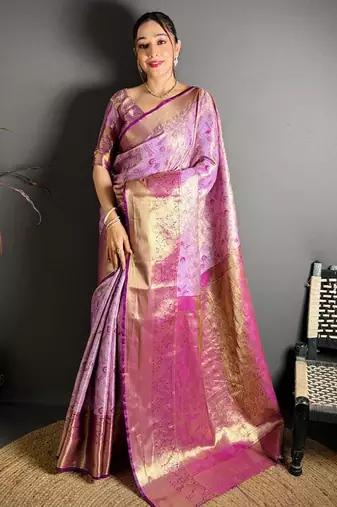 lavender color kanjivaram silk blend zari woven saree with blouse