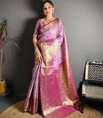 lavender color kanjivaram silk blend zari woven saree with blouse