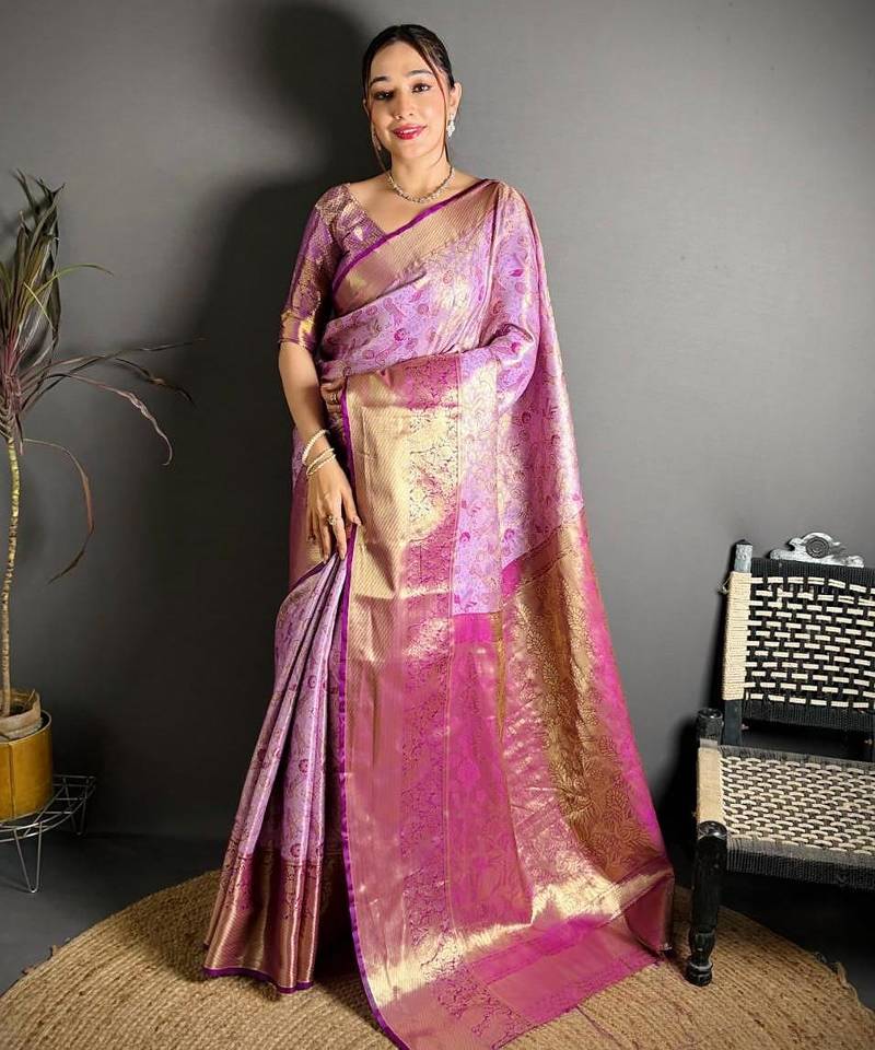 lavender color kanjivaram silk blend zari woven saree with blouse