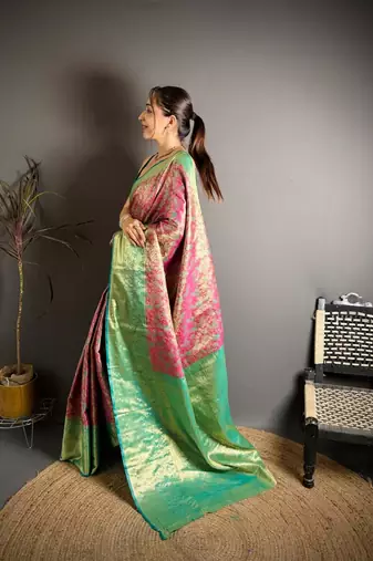 rani pink color kanjivaram silk blend zari woven saree with blouse