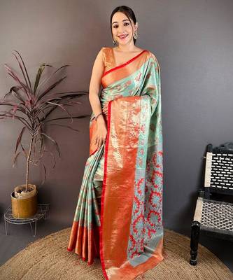 sea green color kanjivaram silk blend zari woven saree with blouse 1
