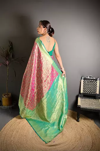 rani pink color kanjivaram silk blend zari woven saree with blouse