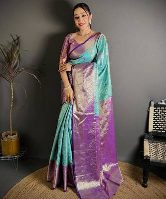 skyblue color kanjivaram silk blend zari woven saree with blouse 1