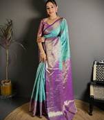 skyblue color kanjivaram silk blend zari woven saree with blouse