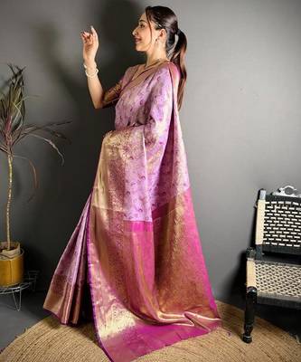 lavender color kanjivaram silk blend zari woven saree with blouse 3