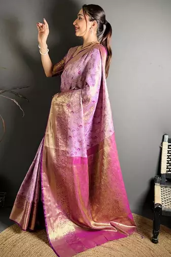 lavender color kanjivaram silk blend zari woven saree with blouse