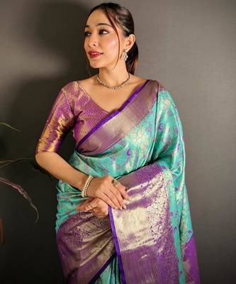 skyblue color kanjivaram silk blend zari woven saree with blouse 2