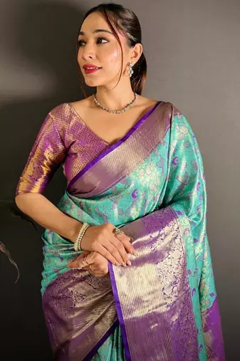 skyblue color kanjivaram silk blend zari woven saree with blouse