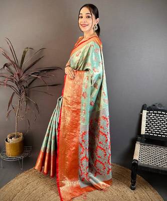 sea green color kanjivaram silk blend zari woven saree with blouse 2