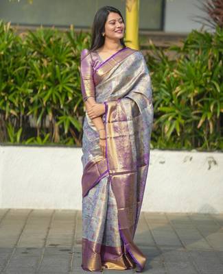 skyblue color kanjivaram silk blend zari woven saree with blouse 1