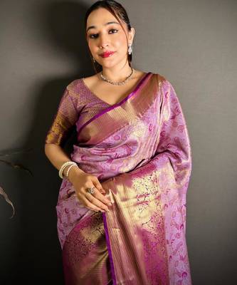 lavender color kanjivaram silk blend zari woven saree with blouse 4