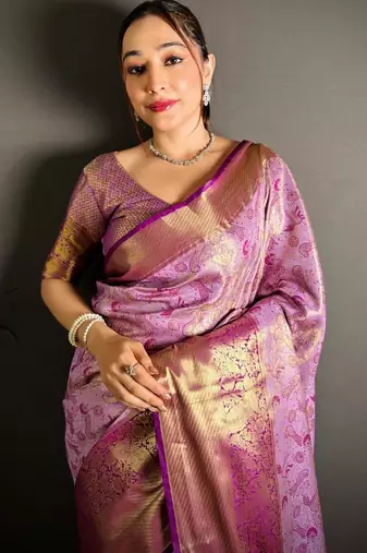 lavender color kanjivaram silk blend zari woven saree with blouse
