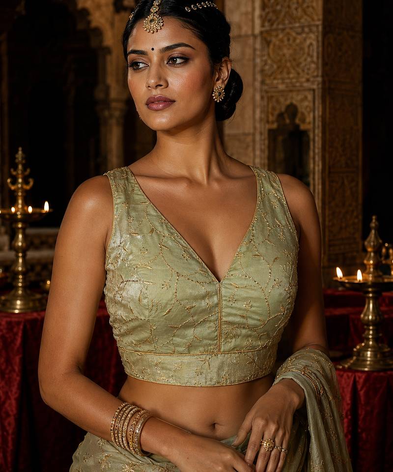 Pista green embroidered fancydesigner saree blouse