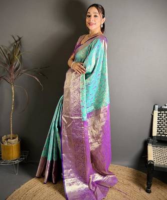 skyblue color kanjivaram silk blend zari woven saree with blouse 3