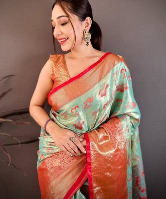 sea green color kanjivaram silk blend zari woven saree with blouse 3