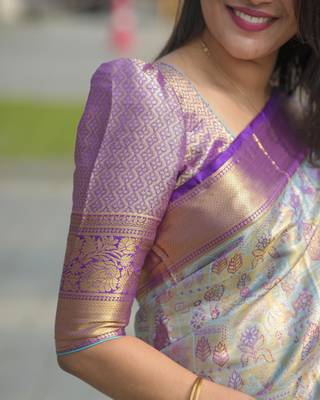 skyblue color kanjivaram silk blend zari woven saree with blouse 2