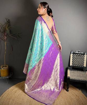 skyblue color kanjivaram silk blend zari woven saree with blouse 4