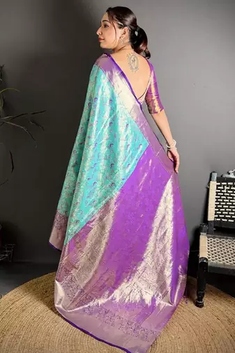 skyblue color kanjivaram silk blend zari woven saree with blouse