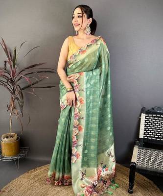 green color cotton blend flower digital printed saree with blouse 1