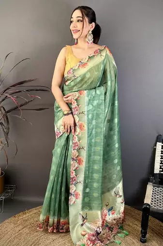 green color cotton blend flower digital printed saree with blouse