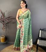 green color cotton blend flower digital printed saree with blouse