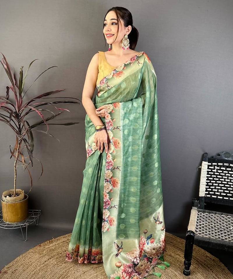 green color cotton blend flower digital printed saree with blouse