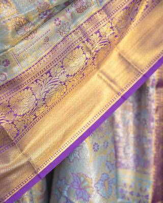 skyblue color kanjivaram silk blend zari woven saree with blouse 3