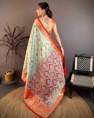 sea green color kanjivaram silk blend zari woven saree with blouse 4