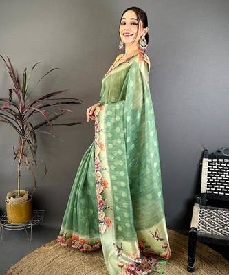 green color cotton blend flower digital printed saree with blouse 2