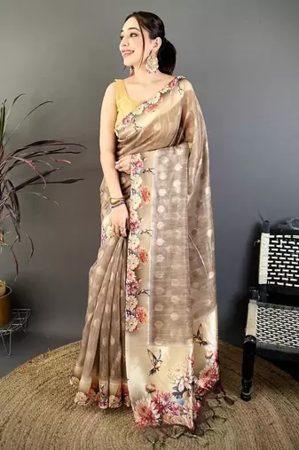 beige color cotton blend flower digital printed saree with blouse