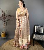 beige color cotton blend flower digital printed saree with blouse
