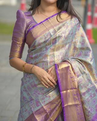 skyblue color kanjivaram silk blend zari woven saree with blouse 4