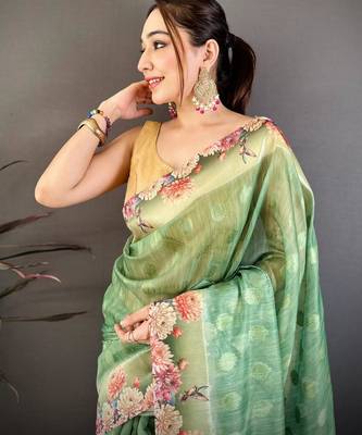 green color cotton blend flower digital printed saree with blouse 3