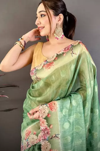 green color cotton blend flower digital printed saree with blouse