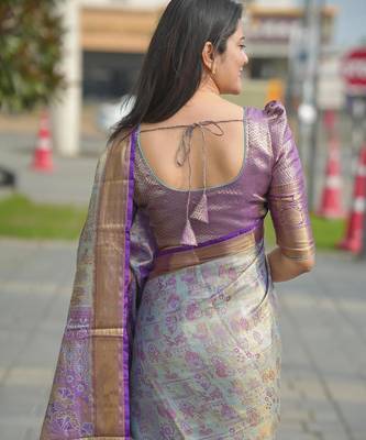 skyblue color kanjivaram silk blend zari woven saree with blouse 5