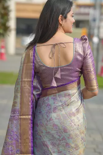 skyblue color kanjivaram silk blend zari woven saree with blouse
