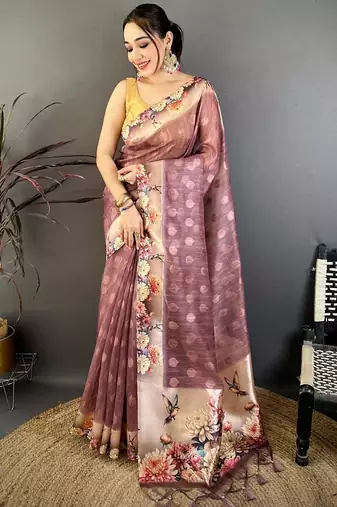 peach color cotton blend flower digital printed saree with blouse