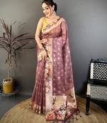 peach color cotton blend flower digital printed saree with blouse