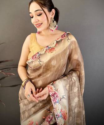 beige color cotton blend flower digital printed saree with blouse 3