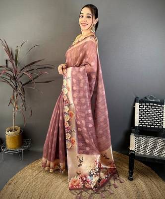 peach color cotton blend flower digital printed saree with blouse 2