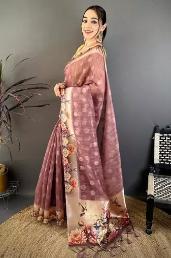 peach color cotton blend flower digital printed saree with blouse