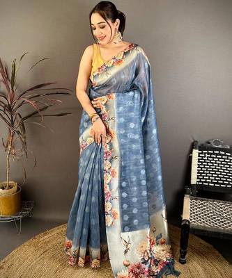 tealblue color cotton blend flower digital printed saree with blouse 1
