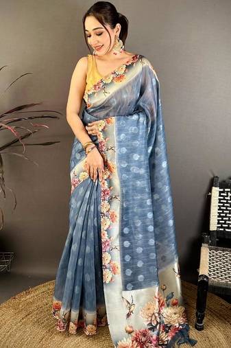 tealblue color cotton blend flower digital printed saree with blouse