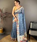 tealblue color cotton blend flower digital printed saree with blouse